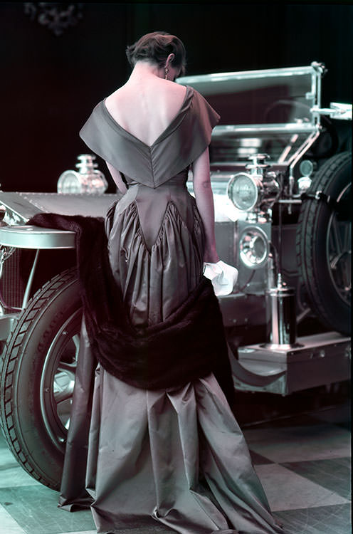 Wenda Parkinson wearing a Molyneux satin evening dress,1950