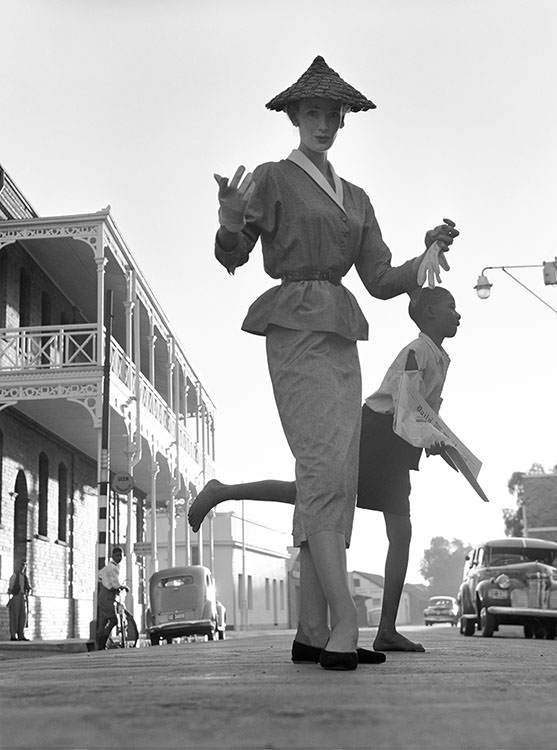 Wenda Parkinson in South Africa wearing a Coolie hat, 1951