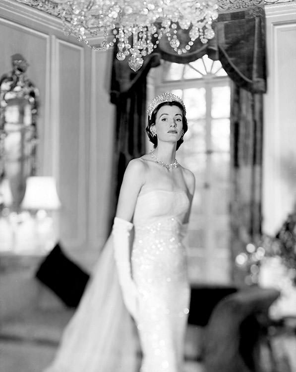 Wenda Parkinson wearing a Norman Hartnell gown, 1950