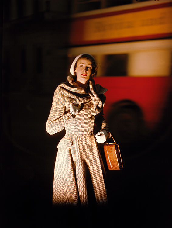 Wenda Parkinson wearing a Hardy Amies coat, 1949