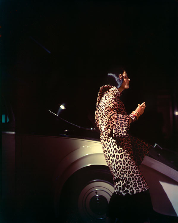 Wenda Parkinson in a leopard-print coat, 1949