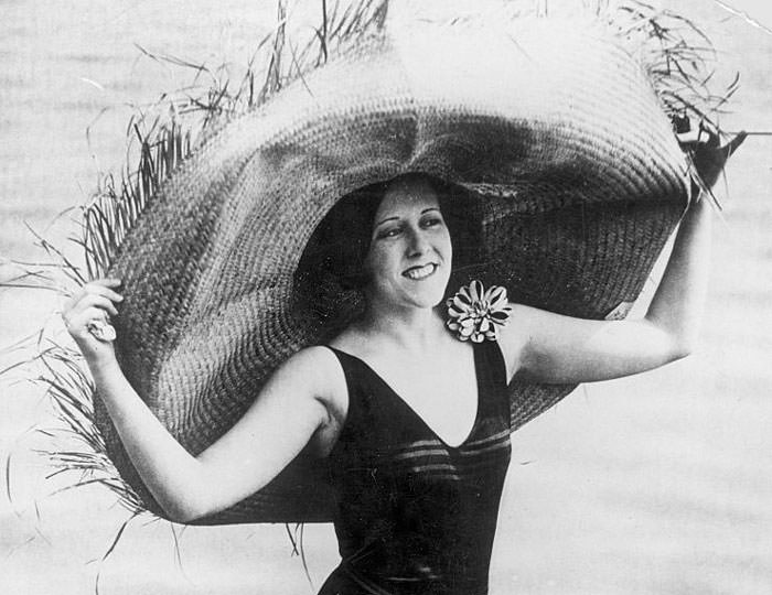 A Straw Hat That Is Guaranteed to Keep the Sun at Bay, Worn with a Bathing Costume, 1923