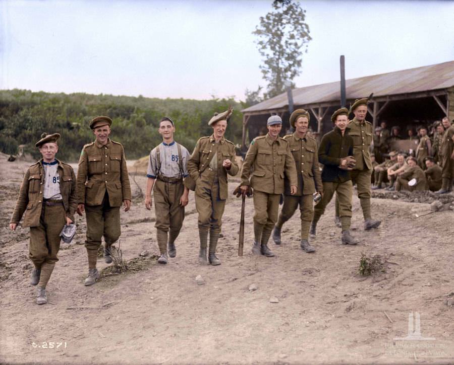 Nova Scotians Returning to camp after a game of baseball, February 1918