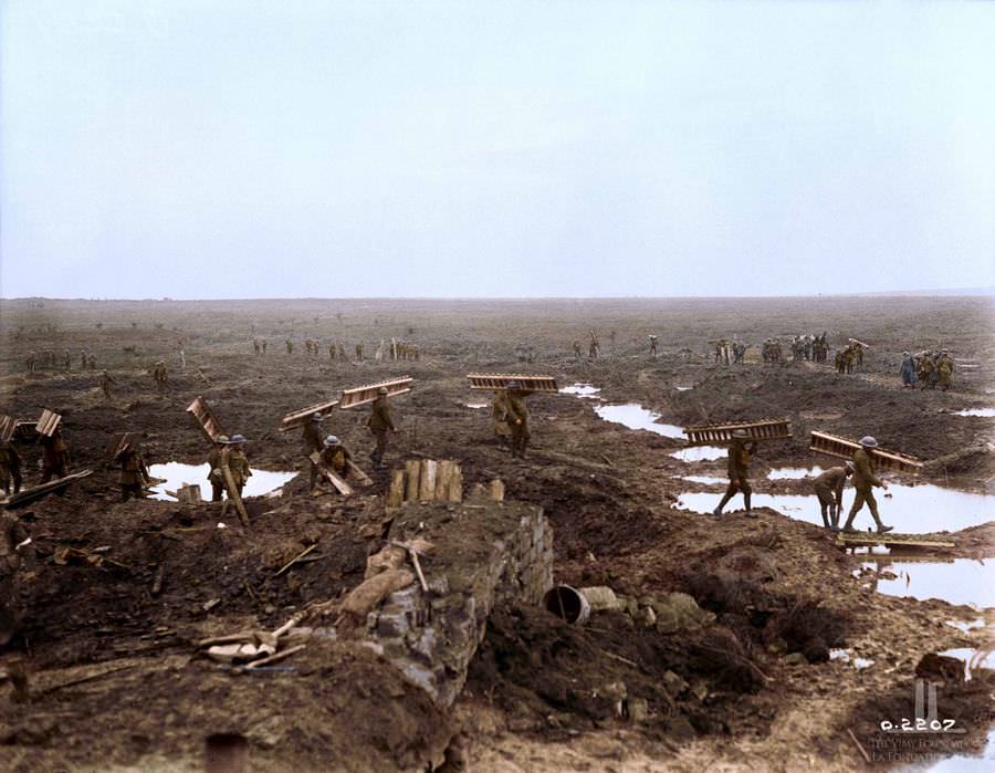 Canadian pioneers carrying trench mats with wounded and prisoners in background during the battle of Passchendaele
