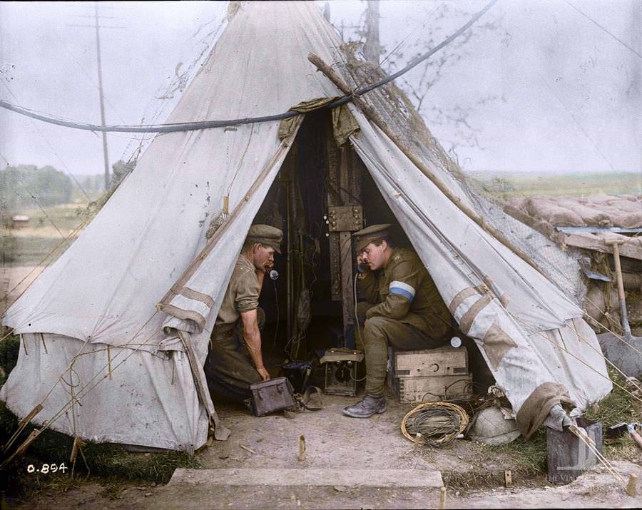 Telephone testing station at the front operators at their posts, October 1916