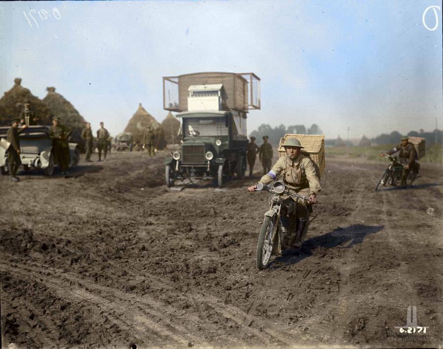 Despatch Rider For His majesty pigeon service leaving with birds for the trench, November 1917