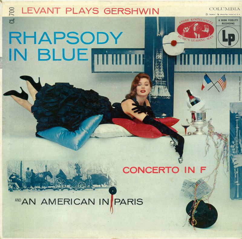 Levant Plays Gershwin, Rhapsody in Blue, Oscar Levant, Andre Kostelanetz Orchestra, Model Suzy Parker on Cover, 1955