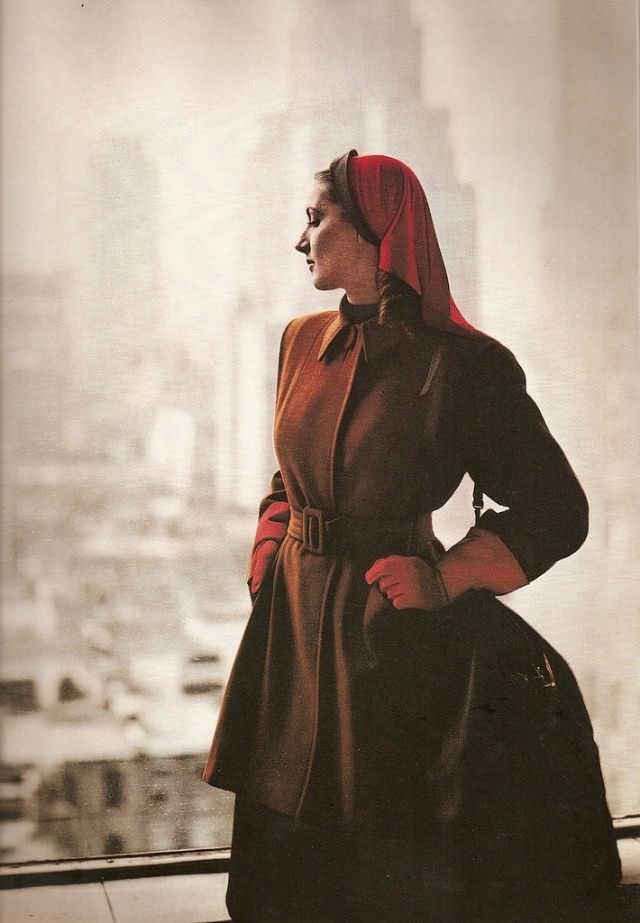 Model in striped 'town and country' dress with leather accessories by Jo Copeland for Patullo, 1944