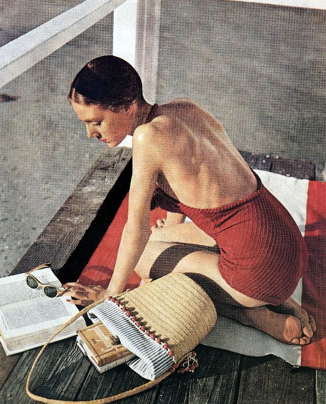 Leslie Dickson wears bathing suit by Hermès, Useppa Island Club, Sarasota, Florida, May 1947
