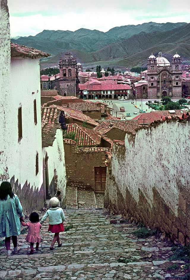 Looking down to a corner of the Plaza de Armas, Cuzco, Peru, 1967