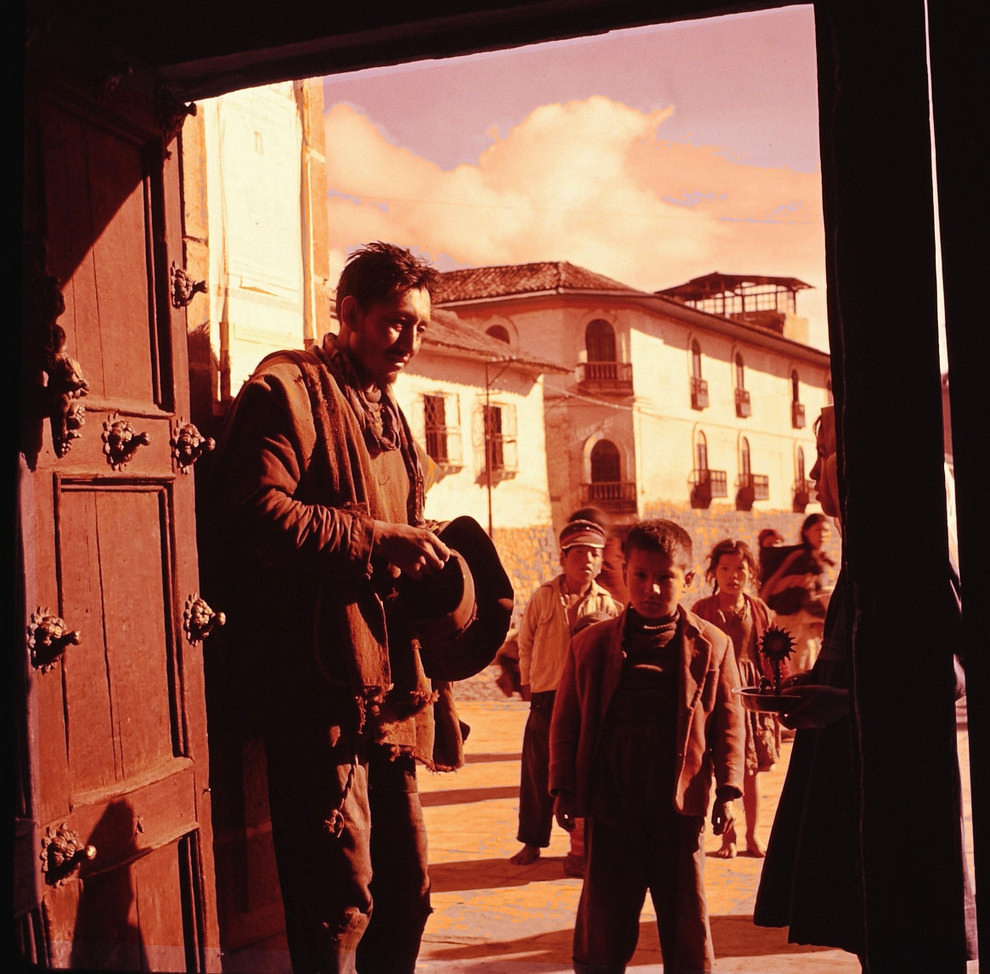 Man in the door of church, Cuzco, Peru, 1960