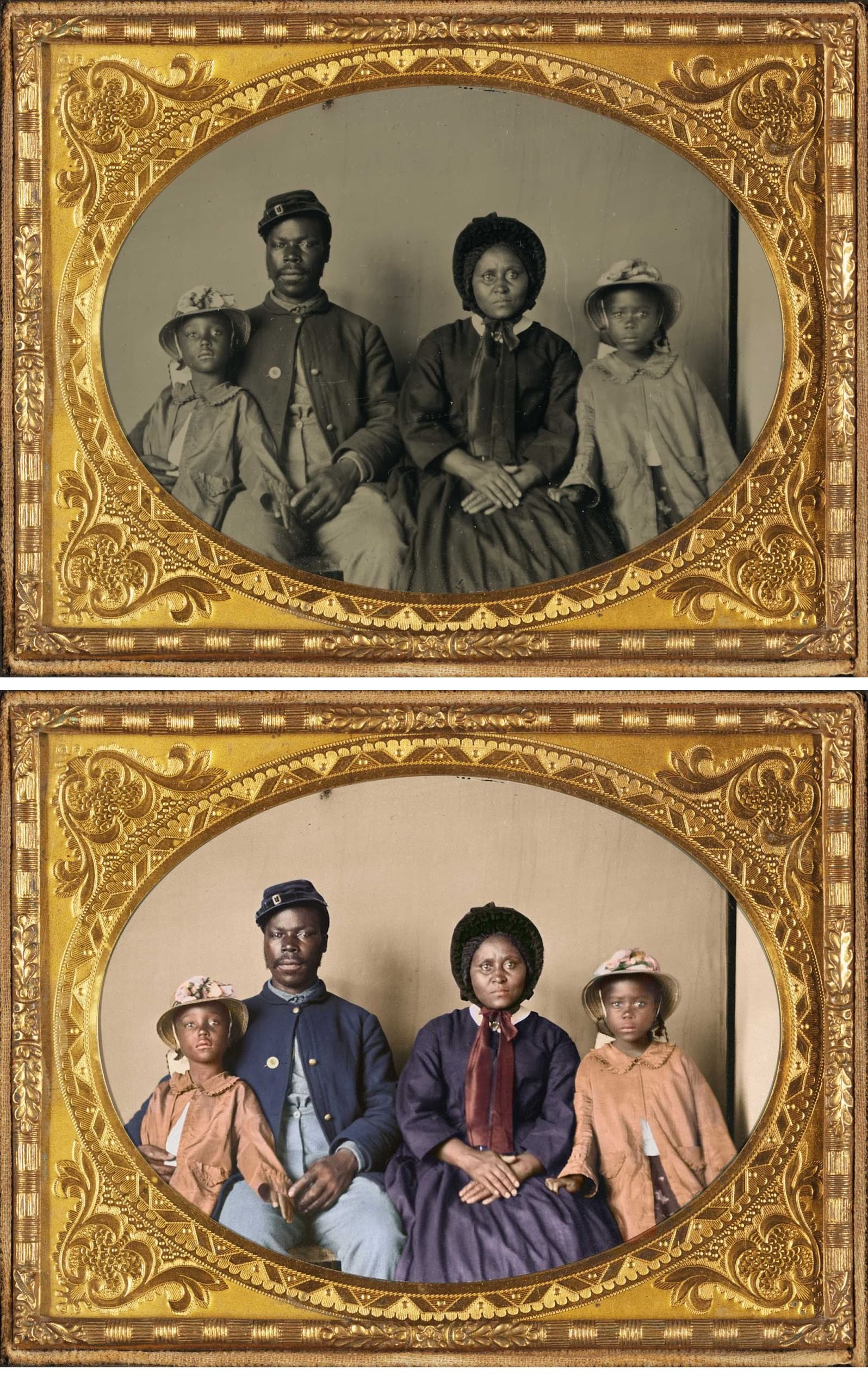 Unidentified African American soldier in Union uniform with wife and two daughters, 1863-1865.
