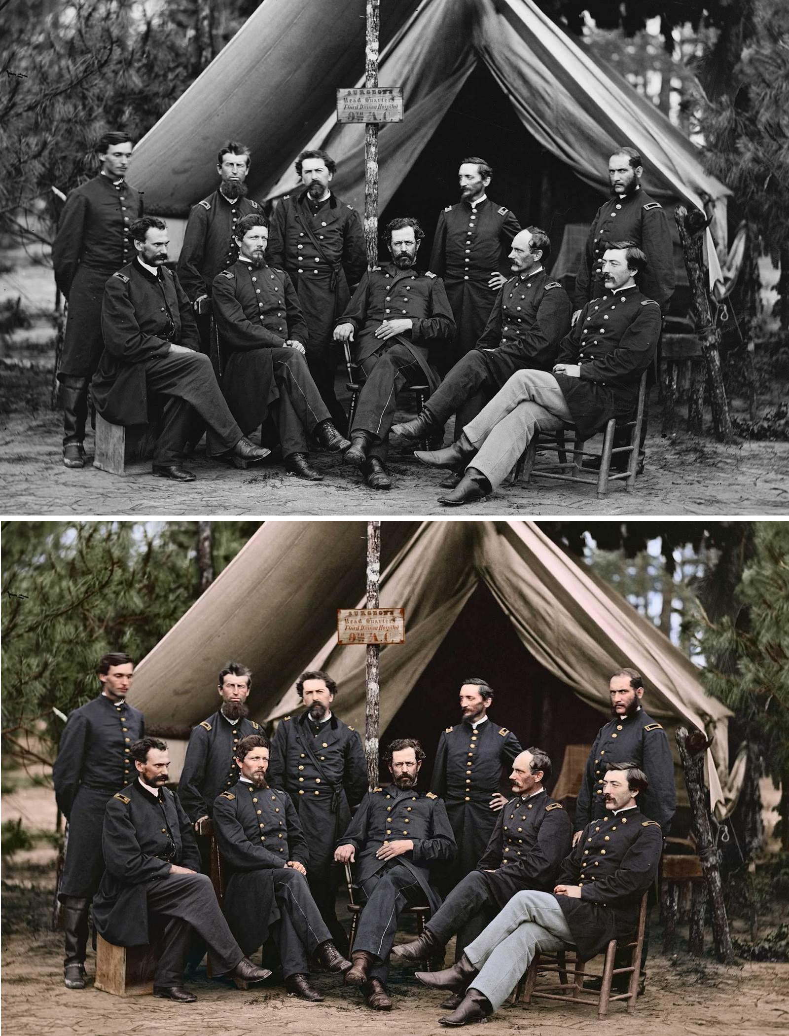 Surgeons of the 3rd Division before hospital tent in Petersburg, Va., Aug. 1864.