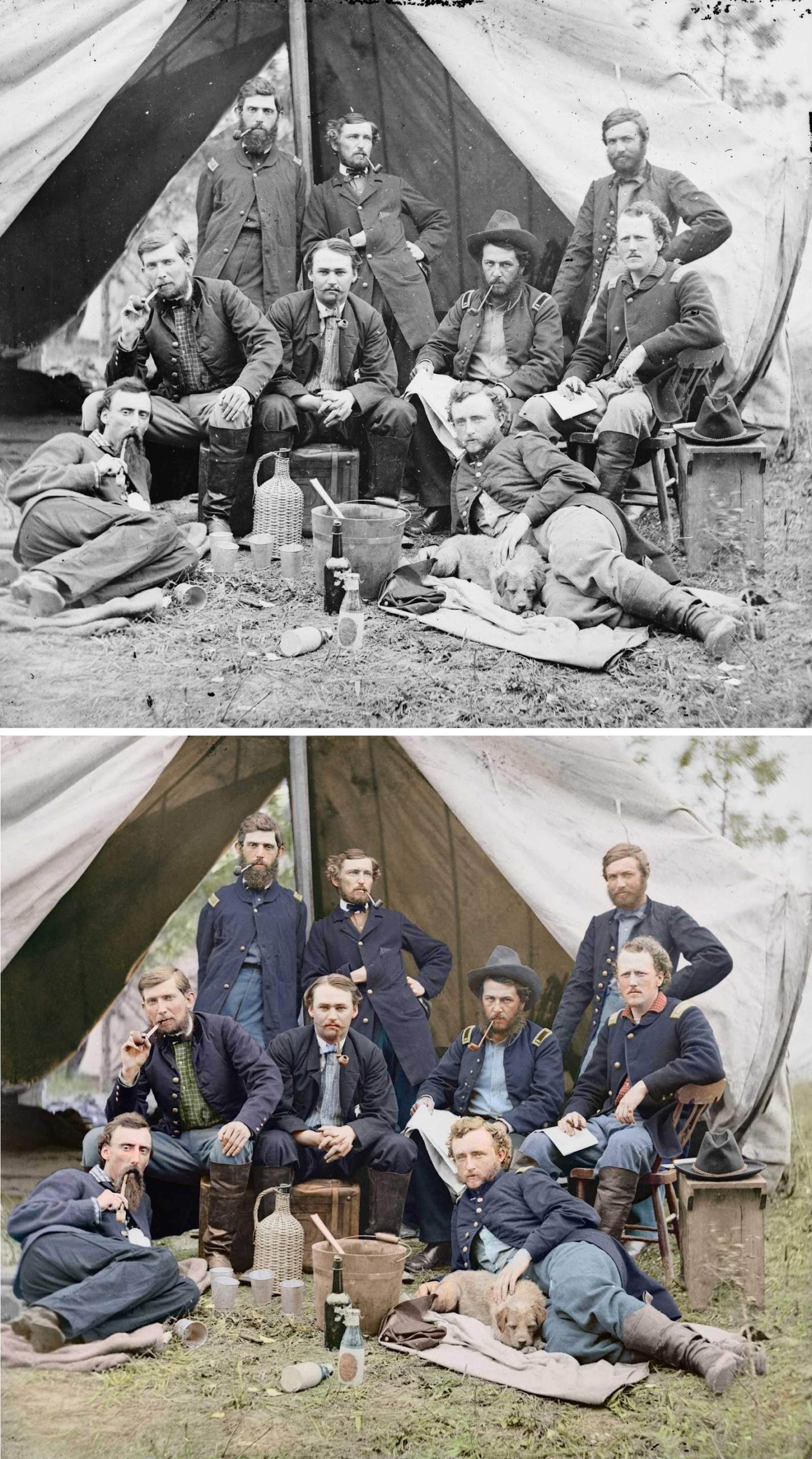 The staff of Gen. Fitz-John Porter, Lieutenant William G. Jones and George A. Custer reclining at Falmouth, Va., 1863.