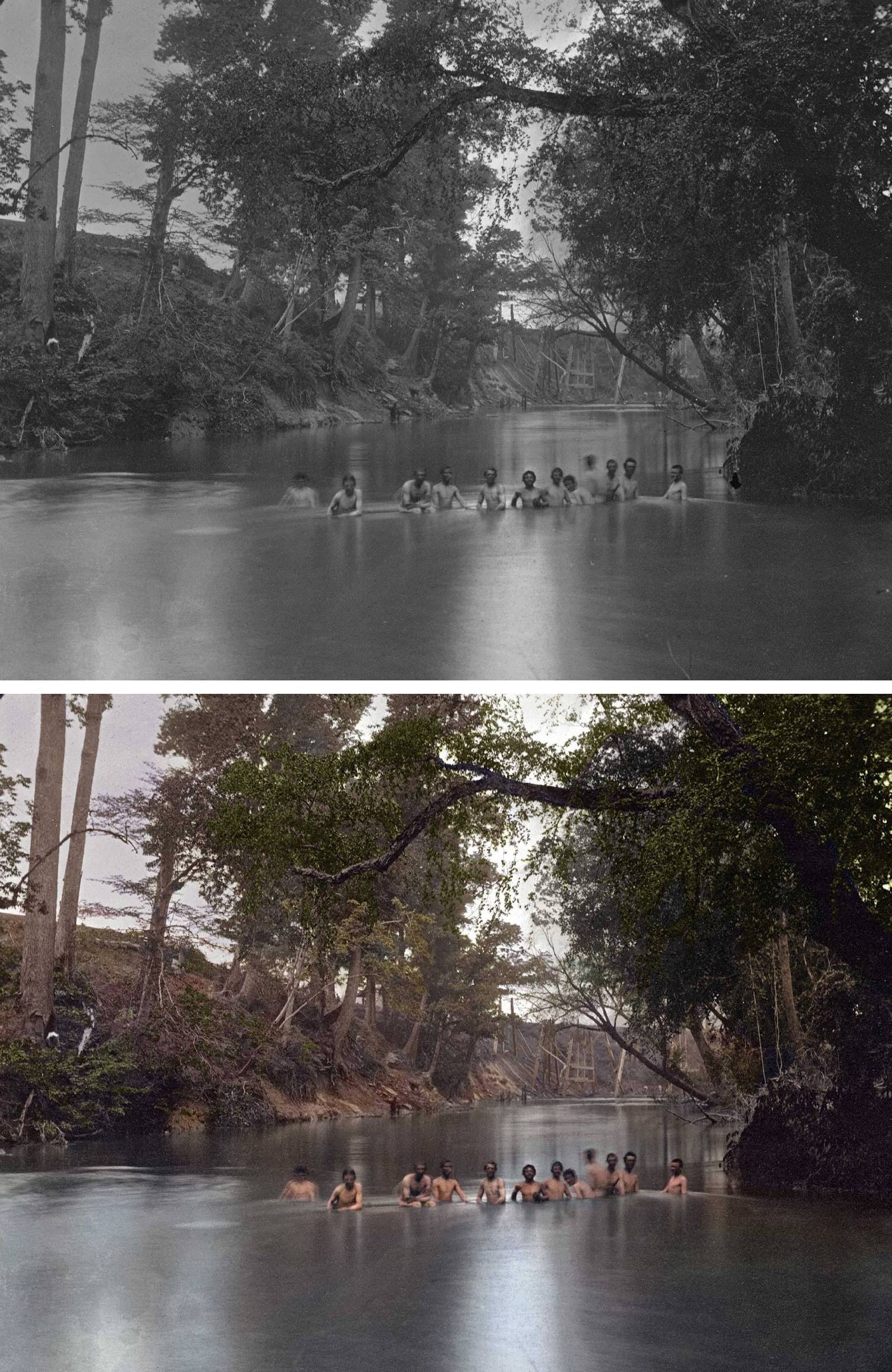 Soldiers bathing near the ruins of a railroad bridge, North Anna River, Va, May, 1864.