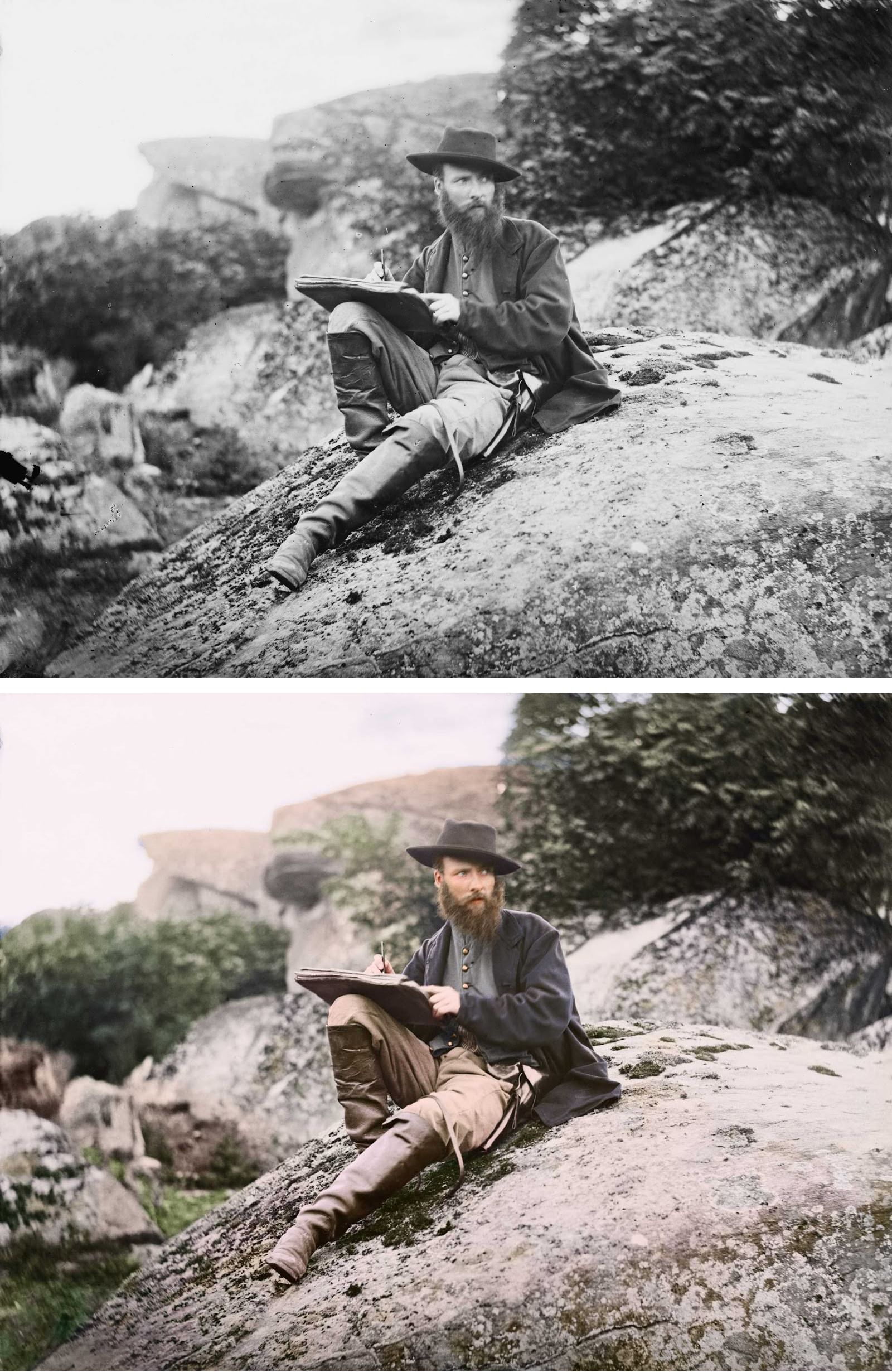 Alfred R. Waud, artist of Harper’s Weekly, sketching on battlefield in Gettysburg, Penn., July 1863.