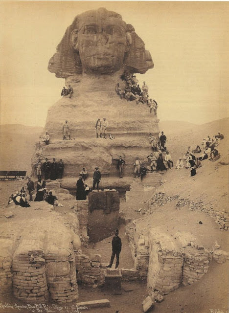 Tourists gathered around The Sphinx, Giza, 1850