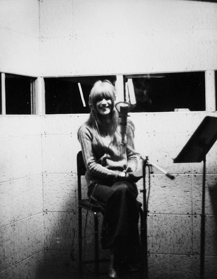 Marianne Faithfull recording backup vocals for The Rolling Stones album “Beggars Banquet”, 1968