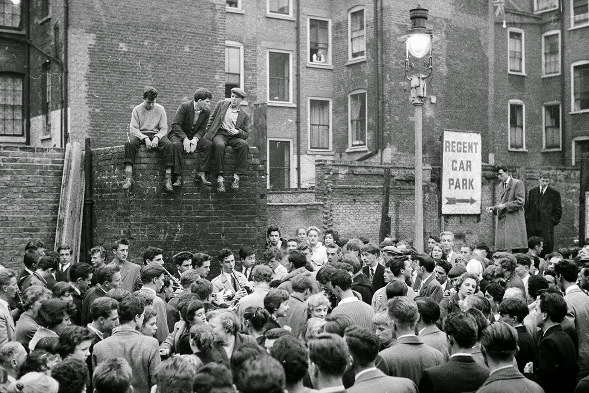 Youths hang out on the backstreets of Soho, 1956