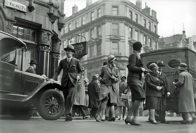 Pedestrians crossing Great Windmill Street, Soho, London, 1930