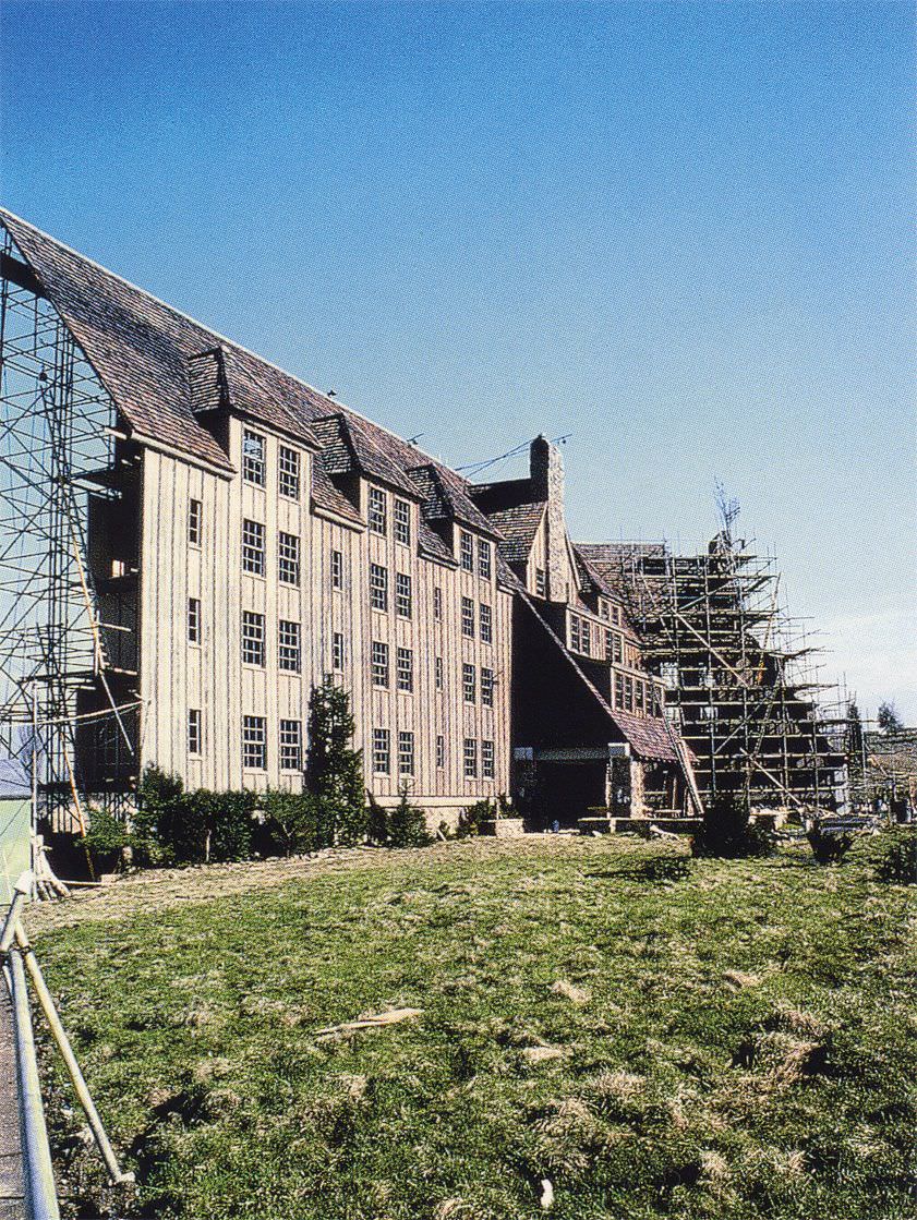 The facade of the Overlook Hotel set under construction on the backlot at EMI Elstree Studios.