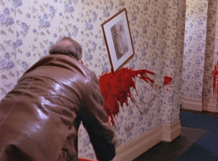 Fake blood splashed on the walls of the hallway set where the Grady Sisters appear.