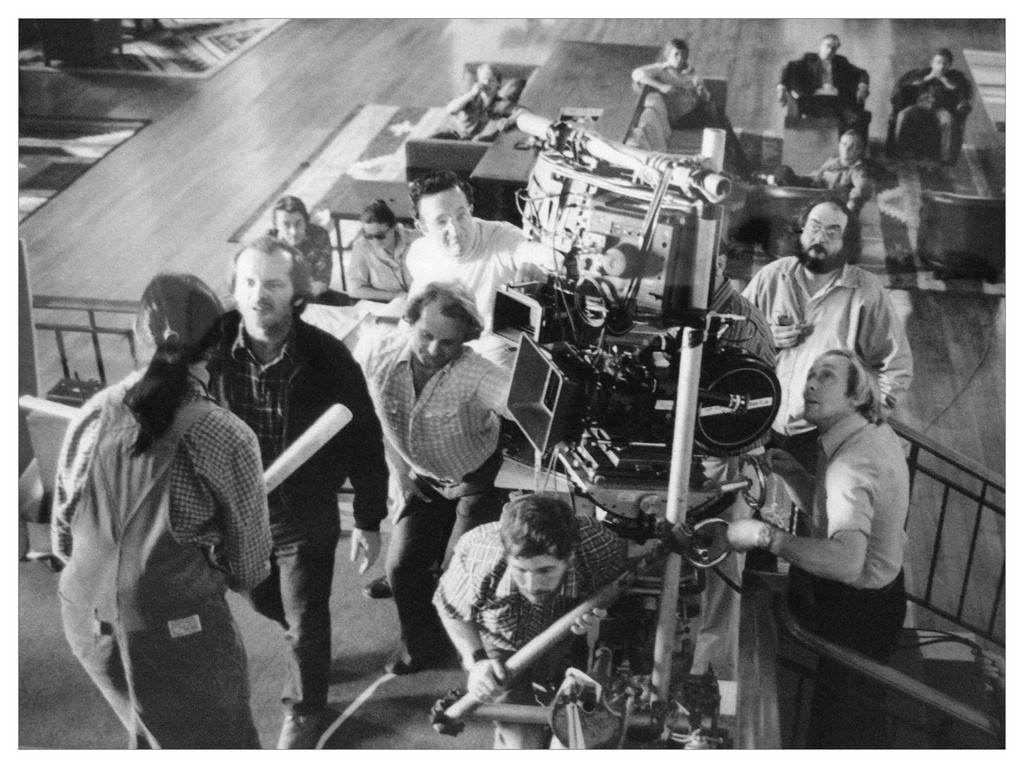 Shelley Duvall, Jack Nicholson, and crew on set.