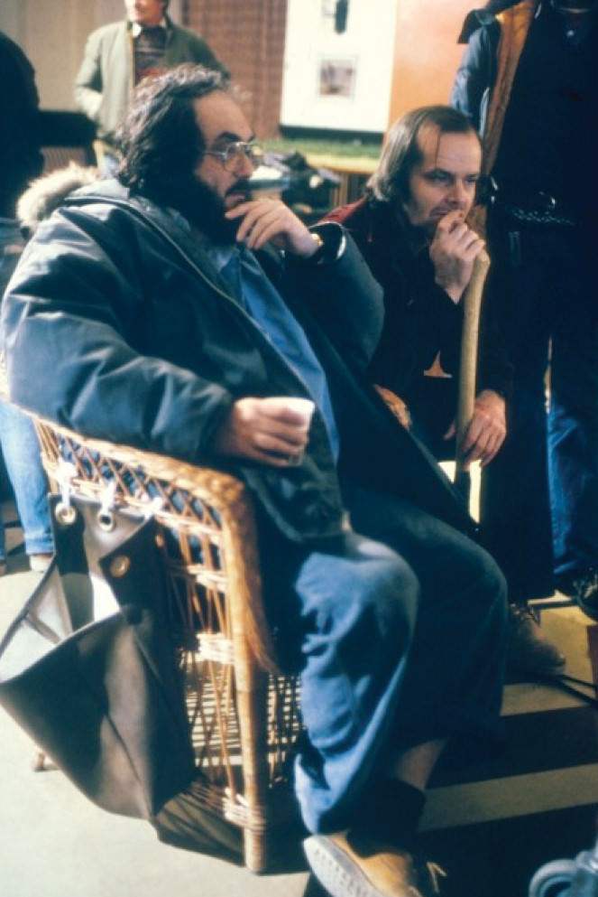 Jack Nicholson and Stanley Kubrick watching video playback.
