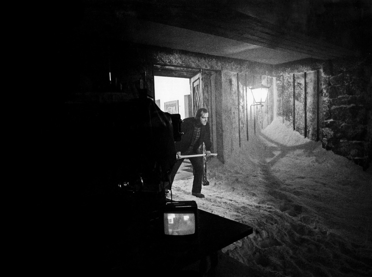 Jack Nicholson on the exterior set of the Overlook Hotel at EMI Elstree Studios.