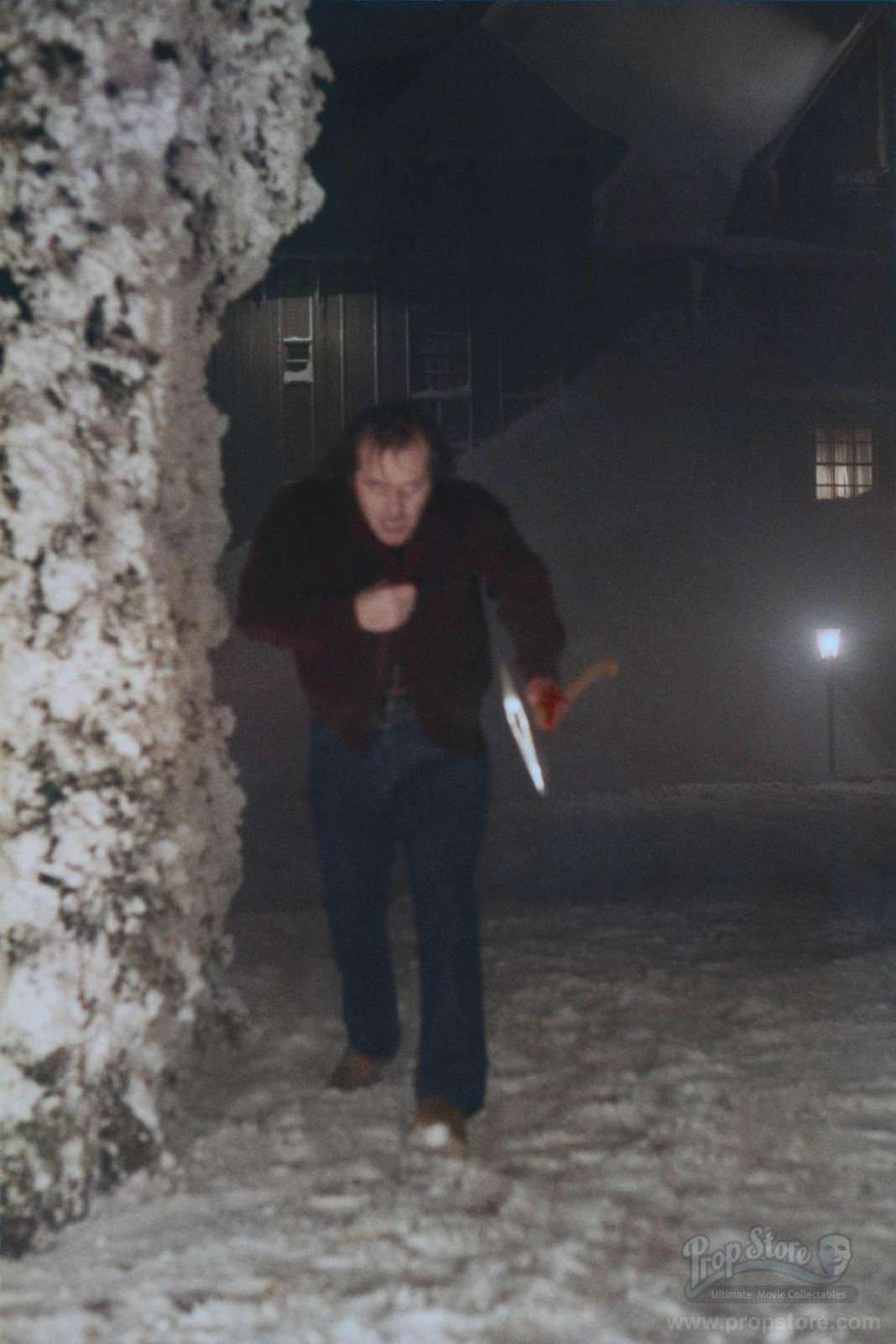 Jack Nicholson on the exterior set of the Overlook Hotel at EMI Elstree Studios.