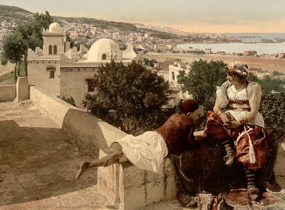 Moorish woman and child on the terrace, I, Algiers, Algeria