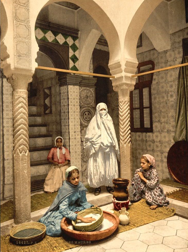 Moorish women making Arab carpets, Algiers, Algeria