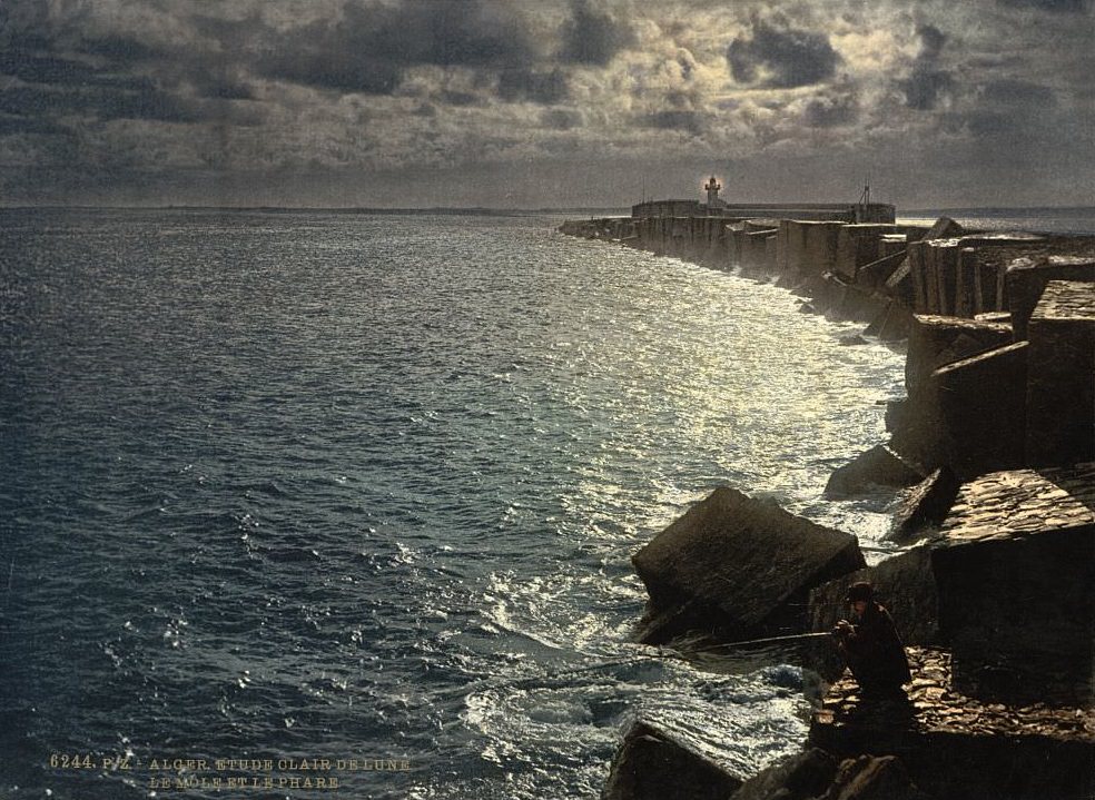 Moonlight view, with lighthouse, Algiers, Algeria