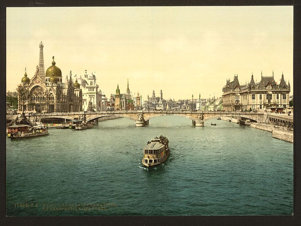 The Pavilions of the Nations and persepective of the bridges, Exposition universelle internationale de 1900, Paris, France.