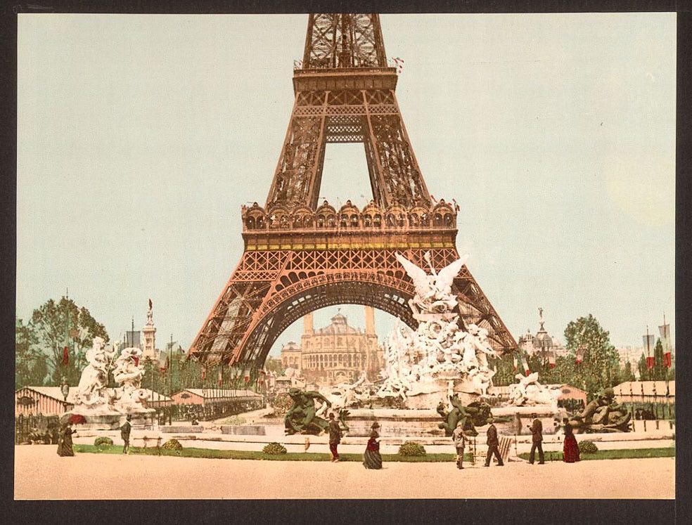 Eiffel Tower and fountain, Exposition Universelle, 1900, Paris, France.