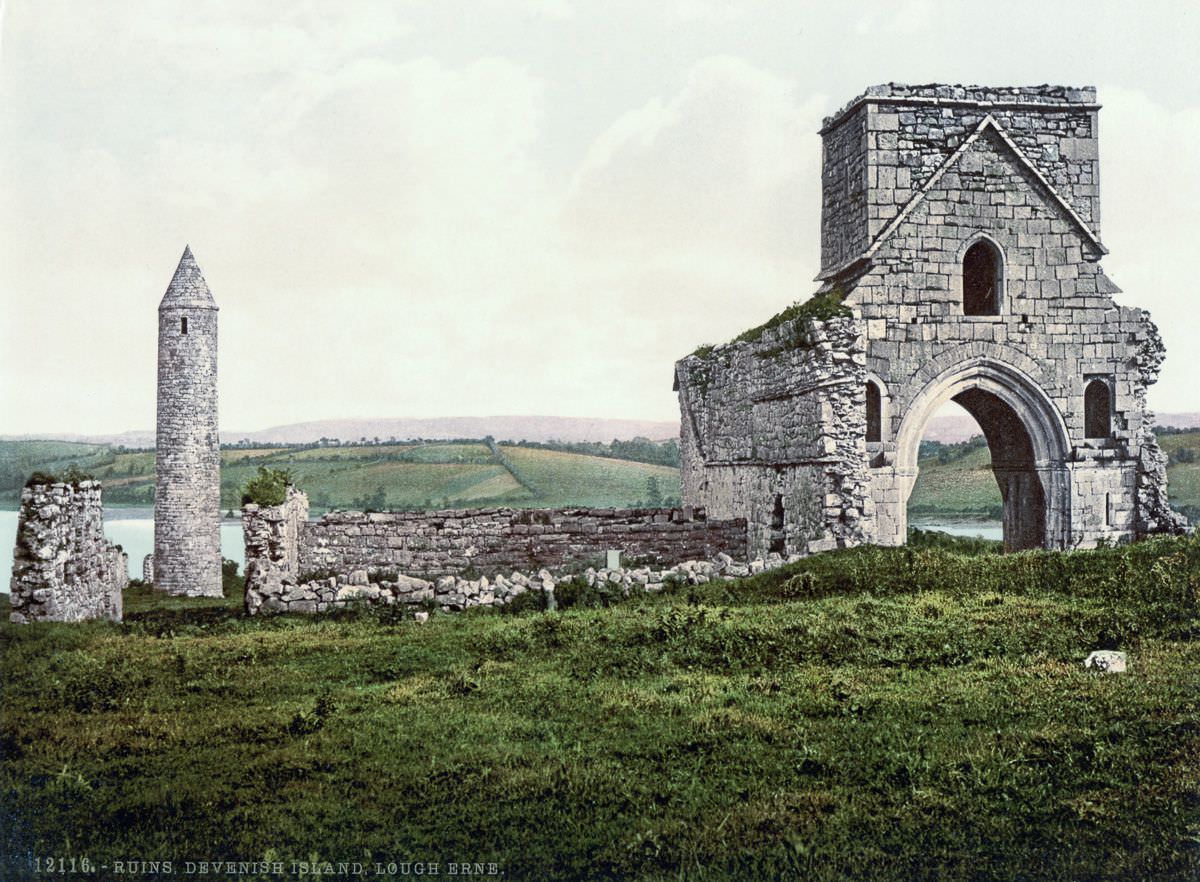 Ruins, Devenish Island, Lough Erne, County Fermanagh.