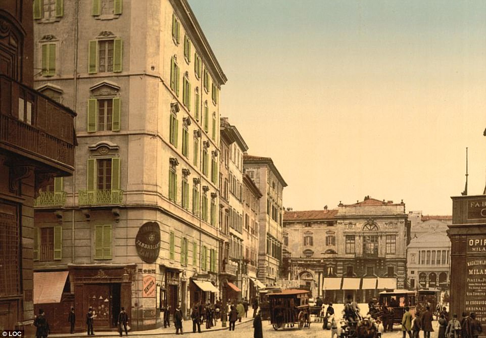 A street scene in Rome shows citizens shopping and exploring the city, transported by horse-drawn carriages