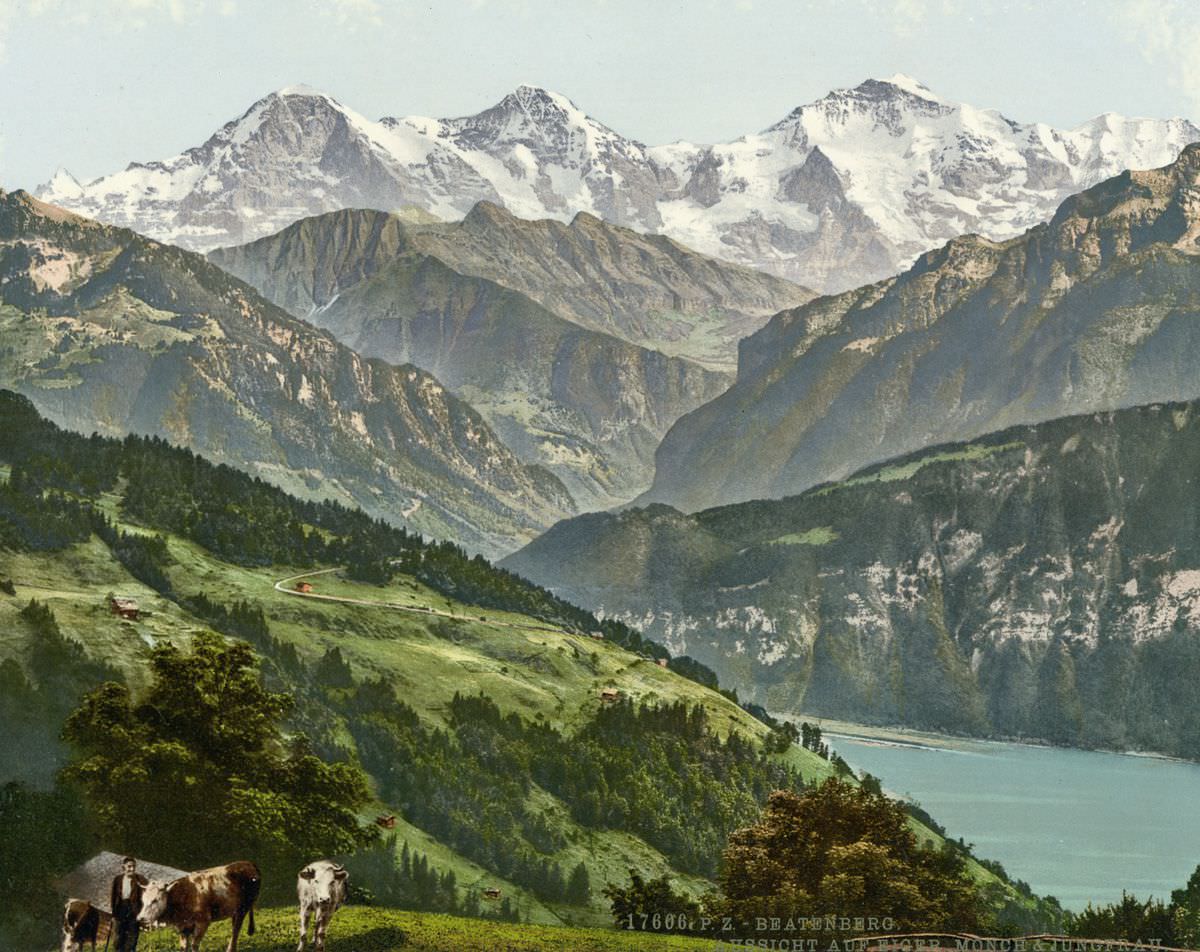 A view from Beatenberg of the mountains Jungfrau, Mönch and Eiger in the Bernese Alps.