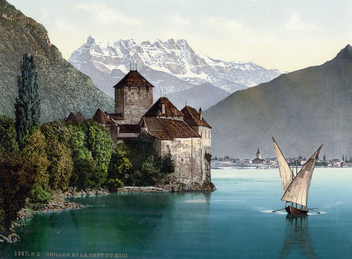 Chillon Castle and Dent du Midi, Lake Geneva.