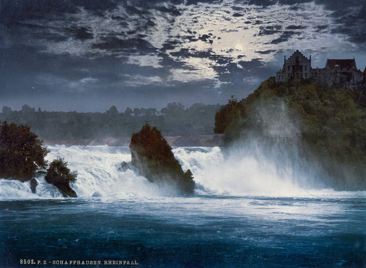 The falls of the Rhine by moonlight, Schaffhausen.