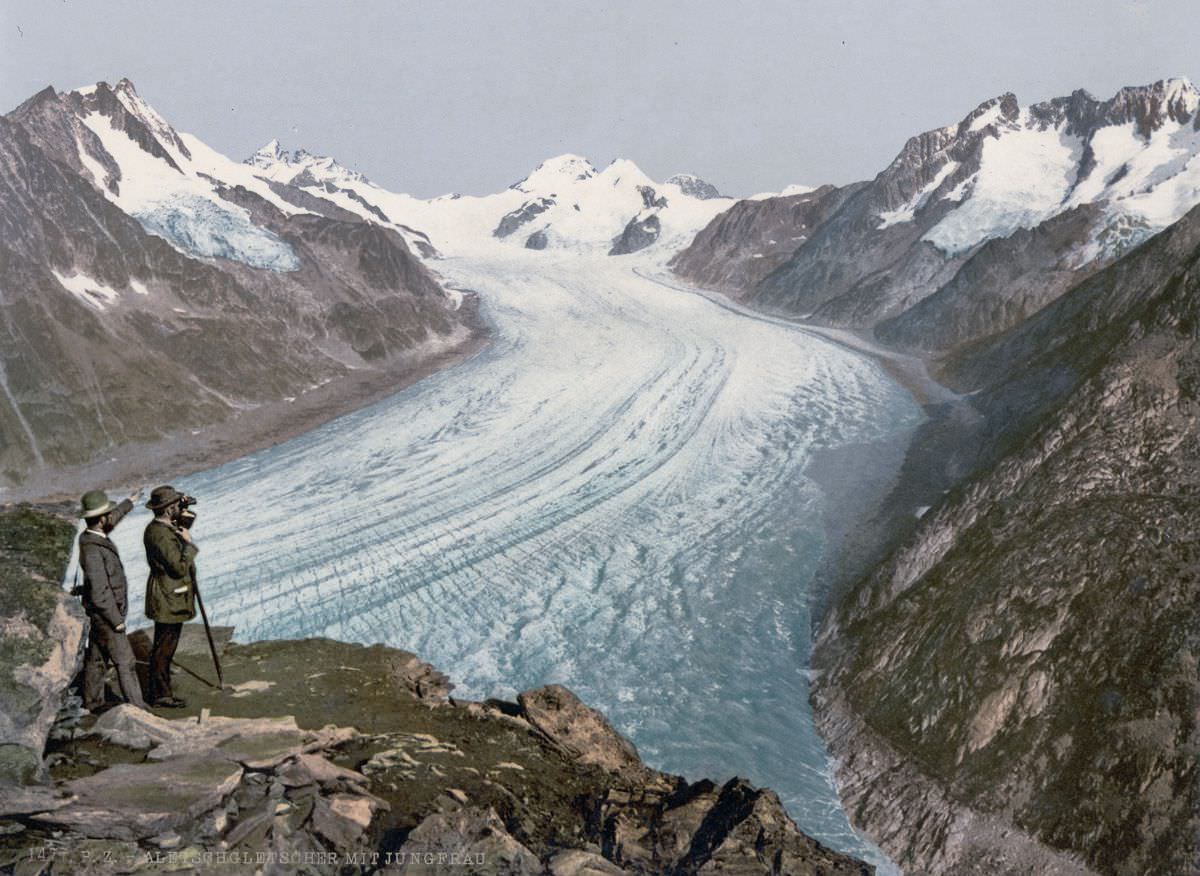 A view of the Grand Aletsch Glacier, with the mountains Jungfrau, Mönch and Eiger, Valais.