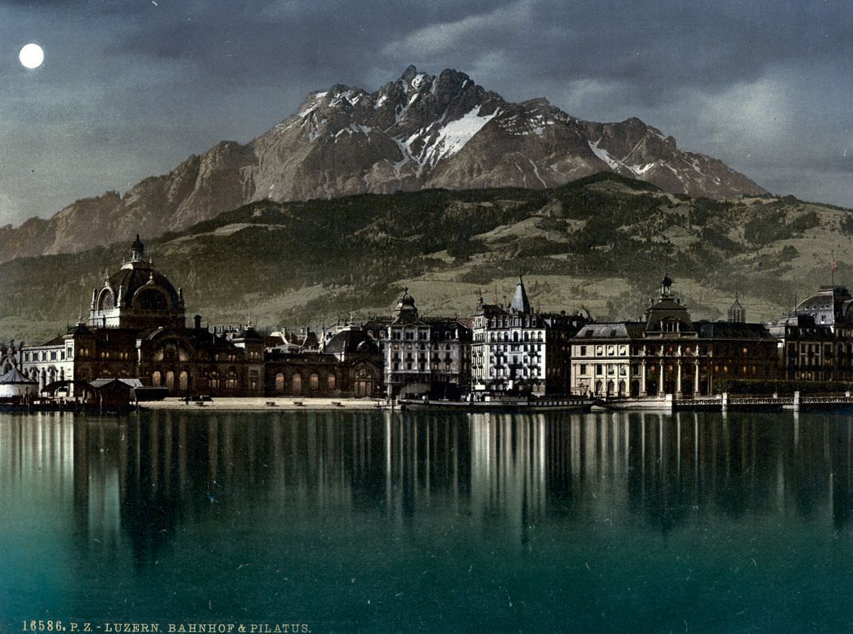 The Lucerne railway station and Pilatus by moonlight.