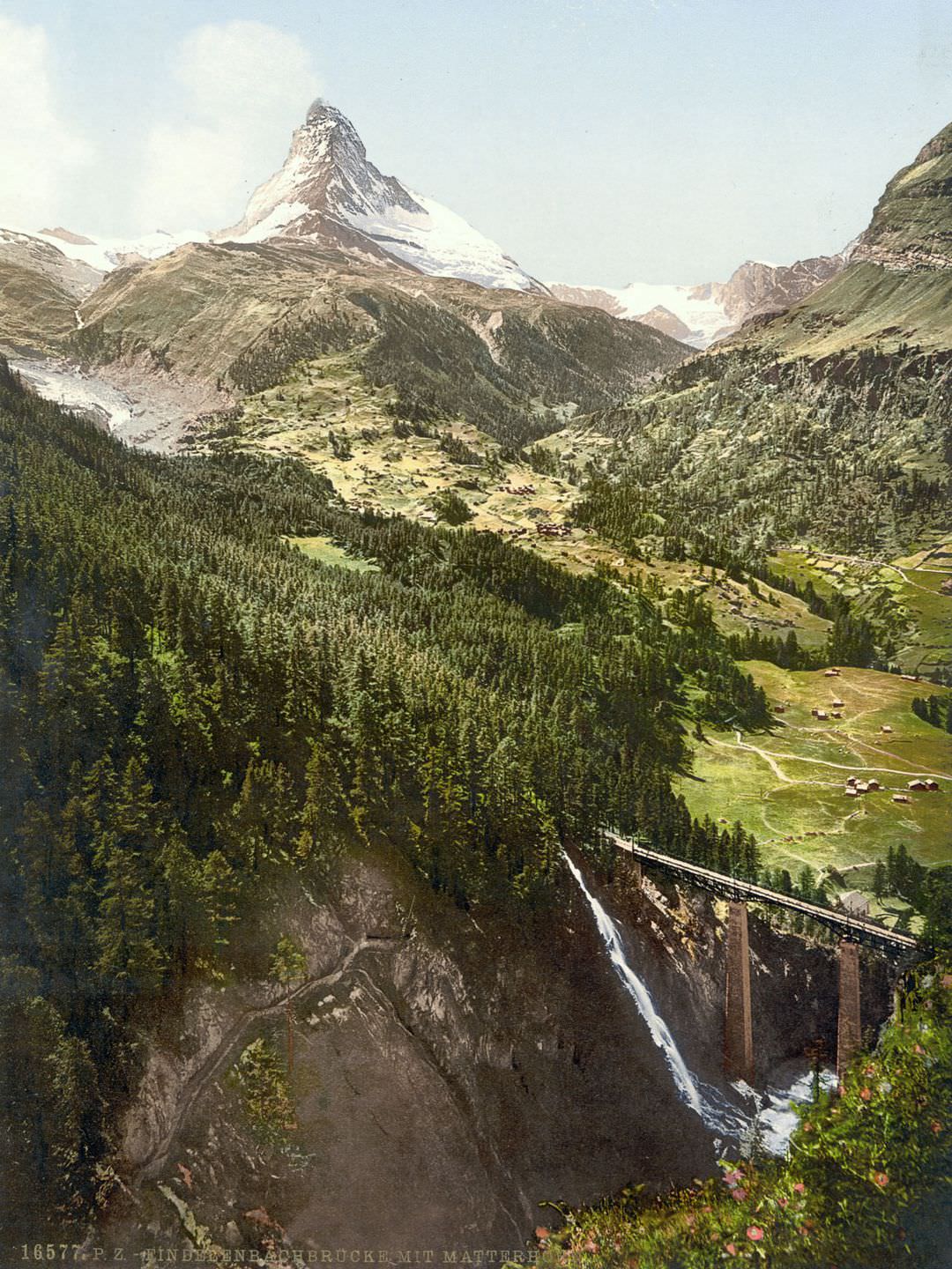 The Matterhorn and the Findelenbach Bridge, Valais.