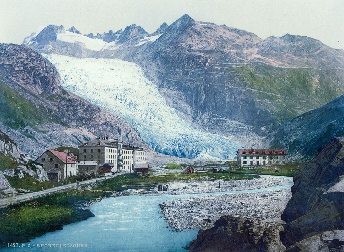 The Rhone Glacier and Glacier Hotel, Valais.
