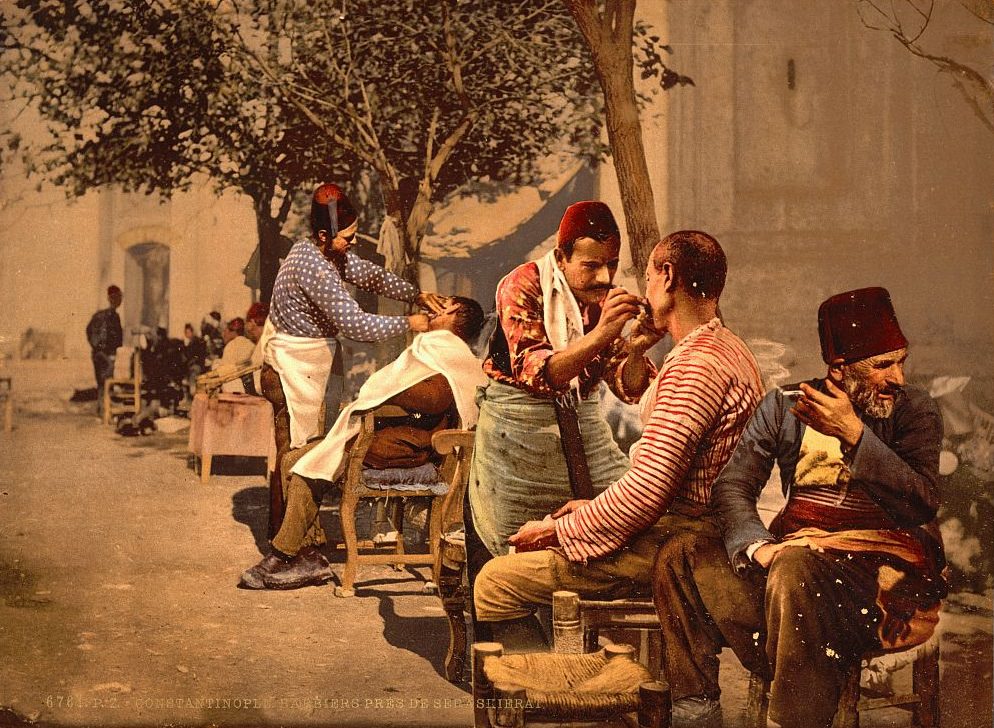 Barbers near Seraskierrat (i.e., Seraskerat) Constantinople, Turkey