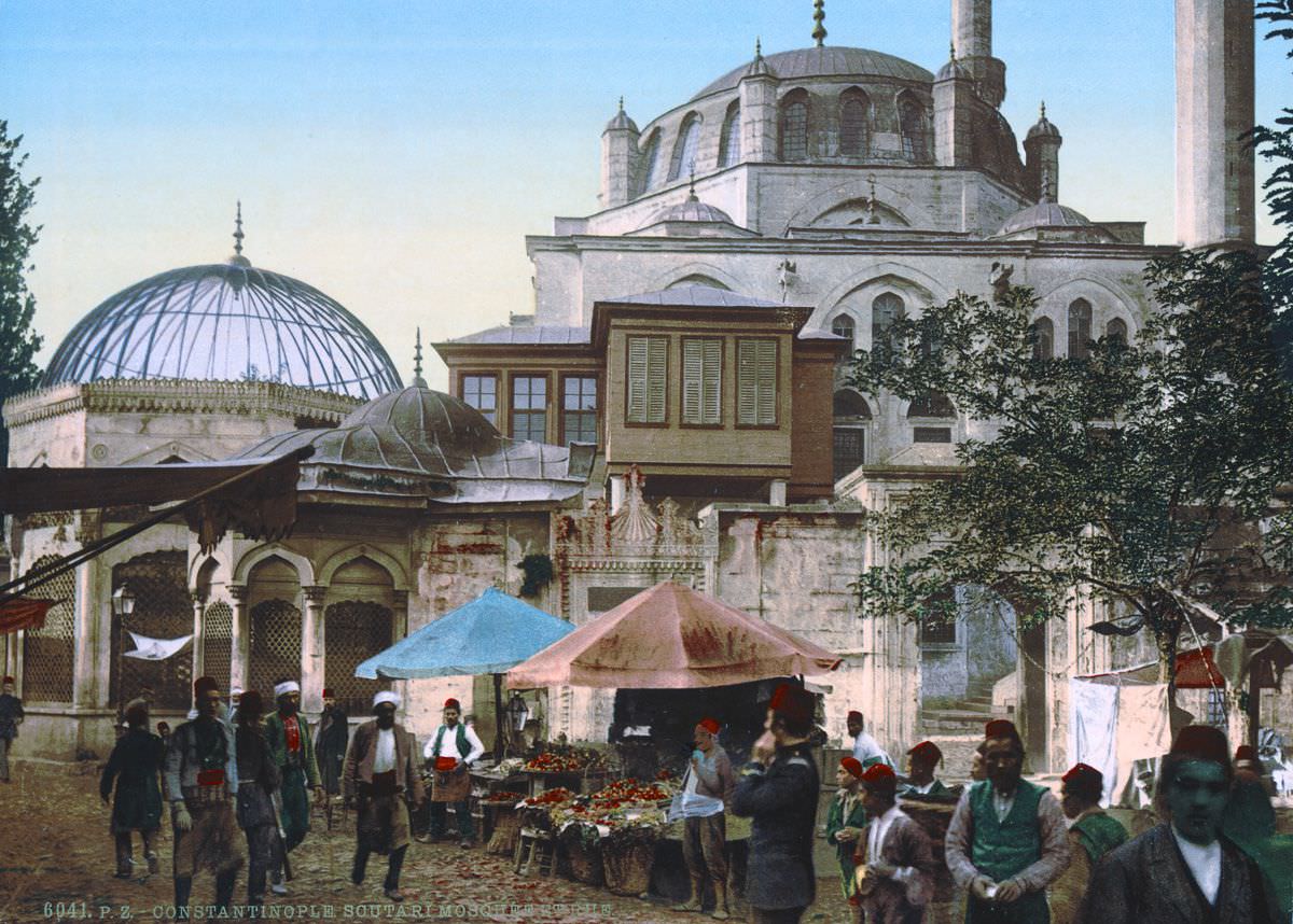 A mosque and street market.