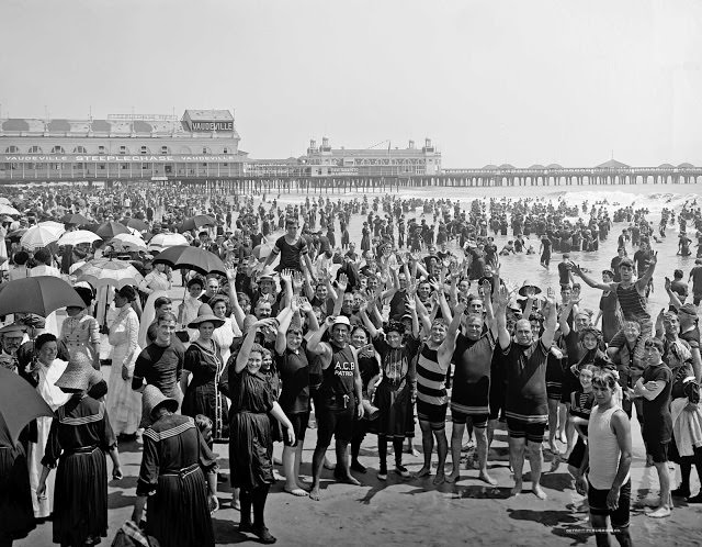 Hands up on the beach at Atlantic City, New Jersey, ca. 1900s