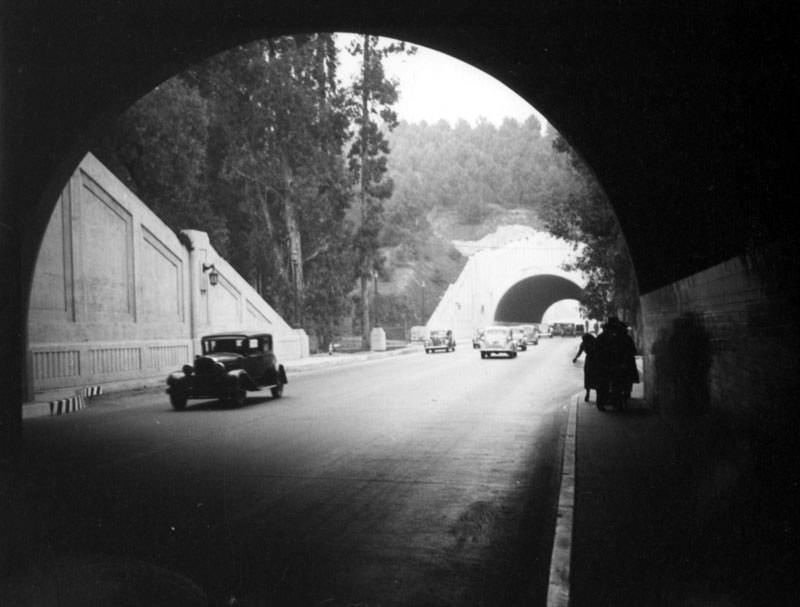 Walking between the Figueroa Street tunnels, 1937