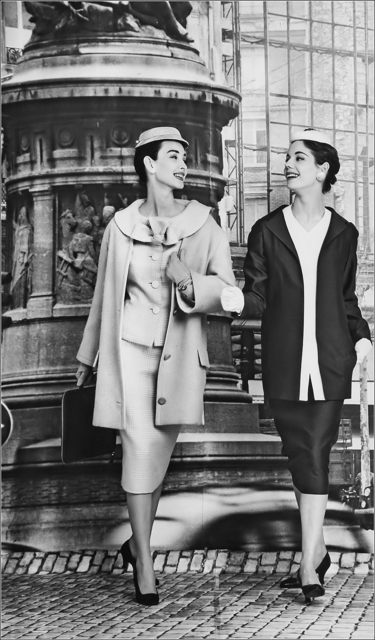 Dorian Leigh and Enid Boulting in ensembles by Givenchy and Lanvin-Castillo, 1955
