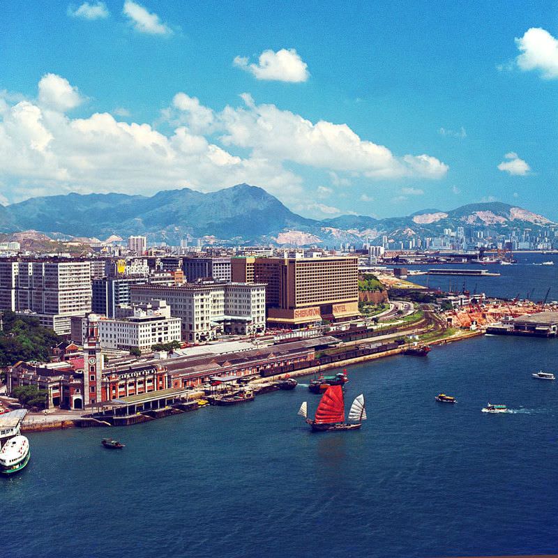 Junk off Tsim Sha Tsui, Kowloon Station, 1974